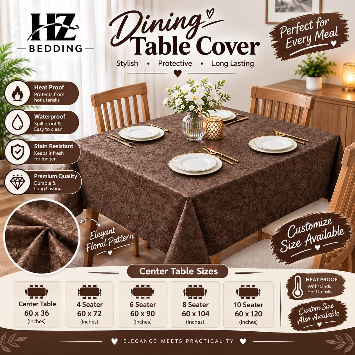 Dark Brown PVC table cover for 4, 6, 8 & 10 seater | HZ Bedding