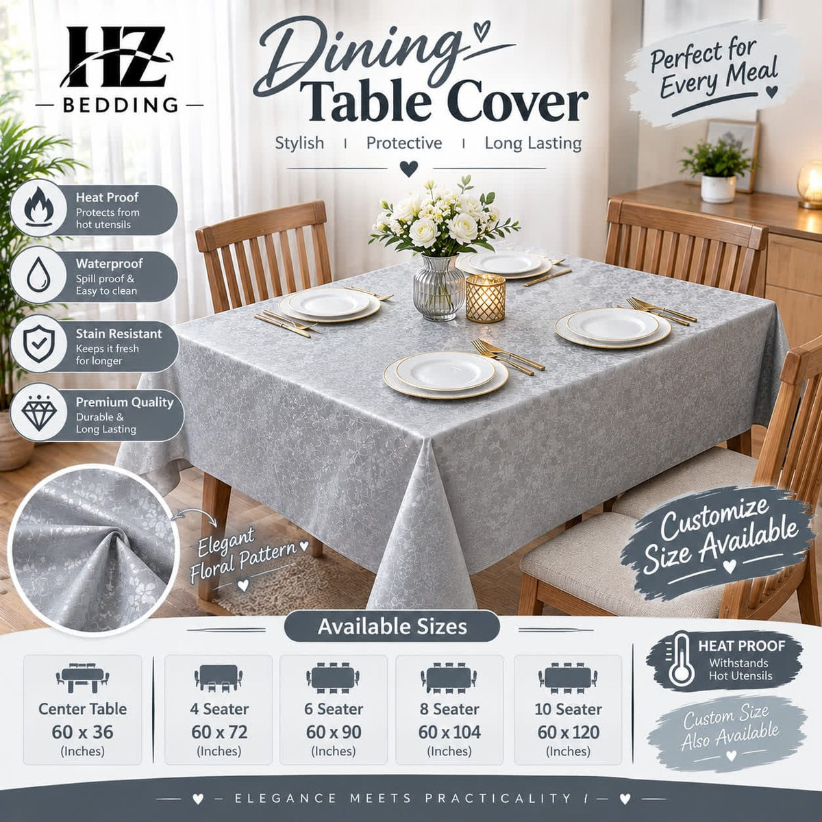 Light Grey Dining Table Cover - Center Table, 4 Seater, 6 Seater, 8 Seater & 10 Seater | Waterproof & Heat Proof Floral Table Cover | Custom Size Available | HZ Bedding HZ BEDDING