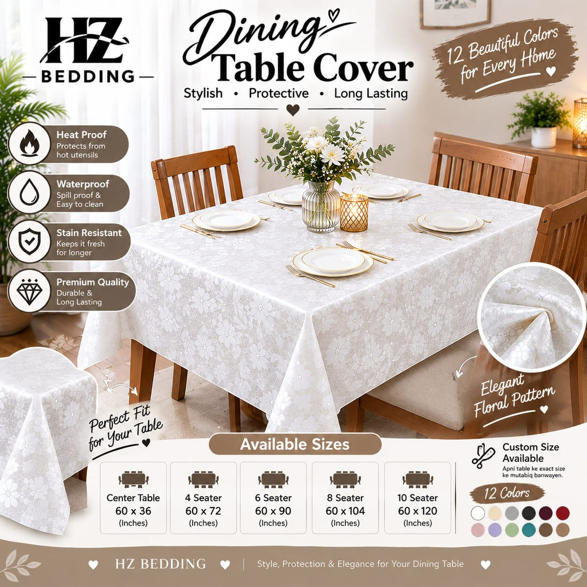 White PVC table cover for 4, 6, 8 & 10 seater | HZ Bedding