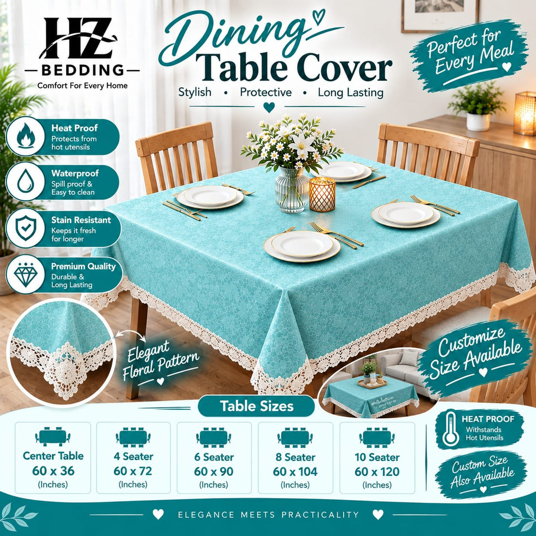 Light Blue Center Table , 4, 6 & 8 Seater Premium  Table Covers – Waterproof, Heat Resistant & Lace Edge HZ BEDDING