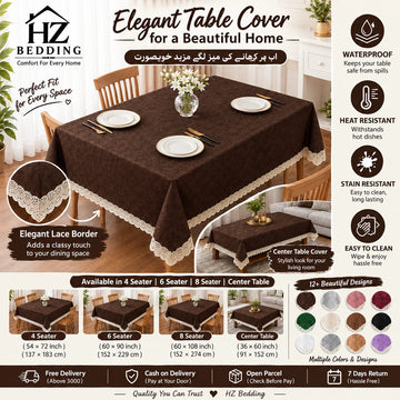 Brown Center Table And , 4, 6 & 8 Seater Premium Table Covers – Waterproof, Heat Resistant & Lace Edge HZ BEDDING