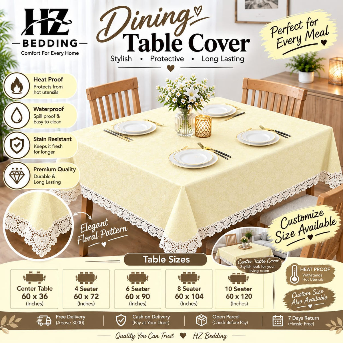 Skin Center Table And  4, 6 & 8 Seater Premium Blue Table Covers – Waterproof, Heat Resistant & Lace Edge HZ BEDDING