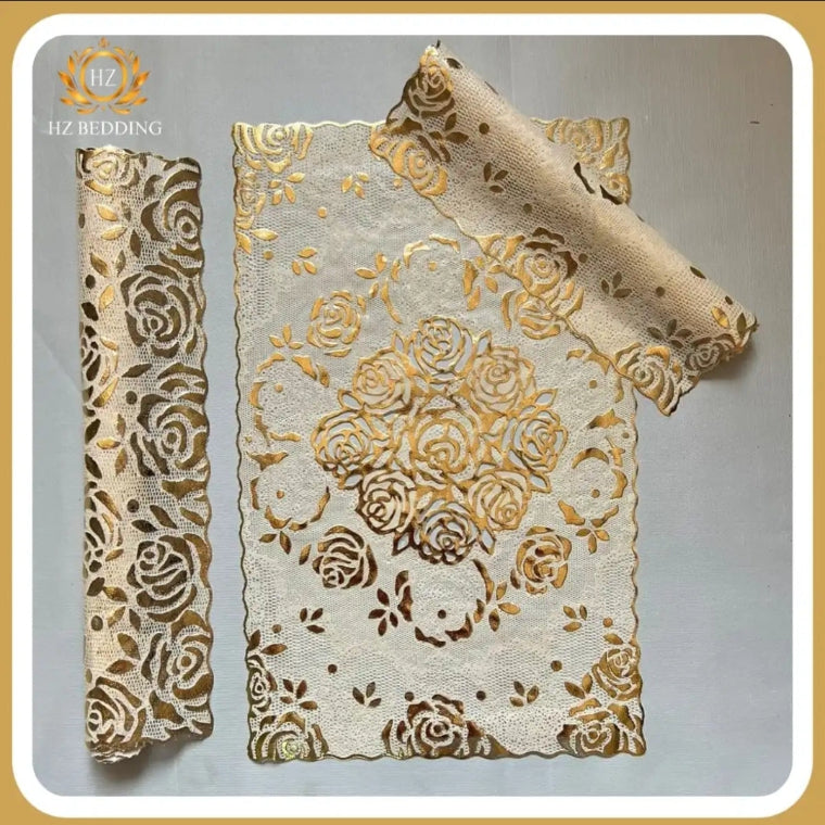 3pcs center table dressing table and side Table Mat Golden Large pcs size(15×36) And small 2pcs size(12×18) Inches material vinyl soft plastic Premium Golden