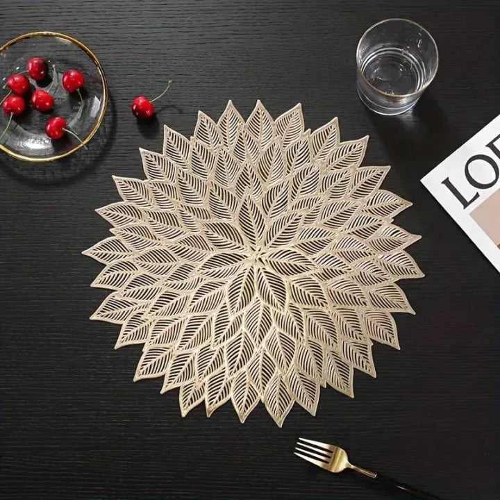 2/4/6 Hibiscus Flower Table Mat PVC Insulated Hollow Placemat Kitchen Dining Table Mat Coaster Cup Pad HomeTable Mats Wipeable Vinyl Place Mat for Holiday Wedding Dinner Table Decoration Mat