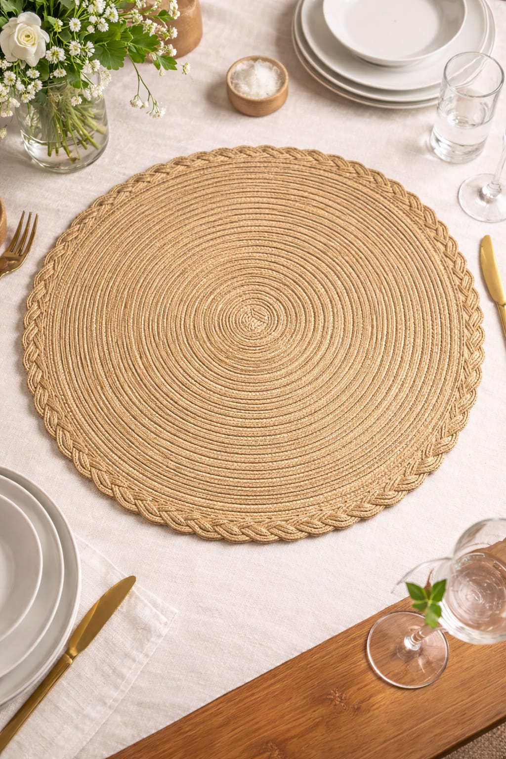 Beige Round Braided Jute Table Mat with Decorative Edge HZ BEDDING