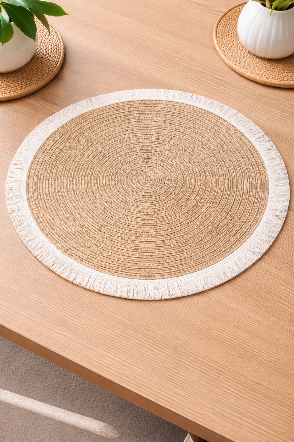 Beige Round Jute Table Mat with Fringe Border HZ BEDDING