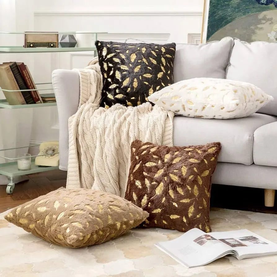 Bronzing Feather Leaf Cushion Cover 16x16 HZ BEDDING