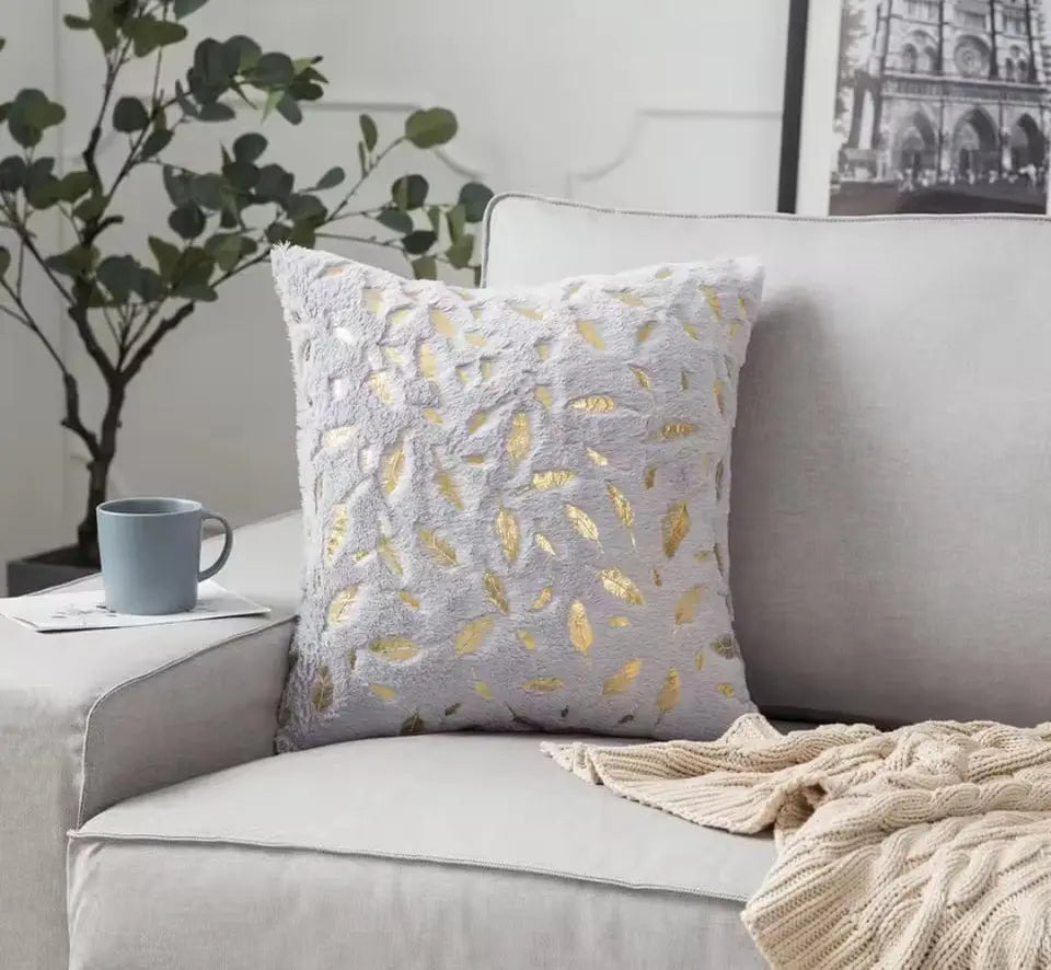 Bronzing Feather Leaf Cushion Cover 16x16 HZ BEDDING