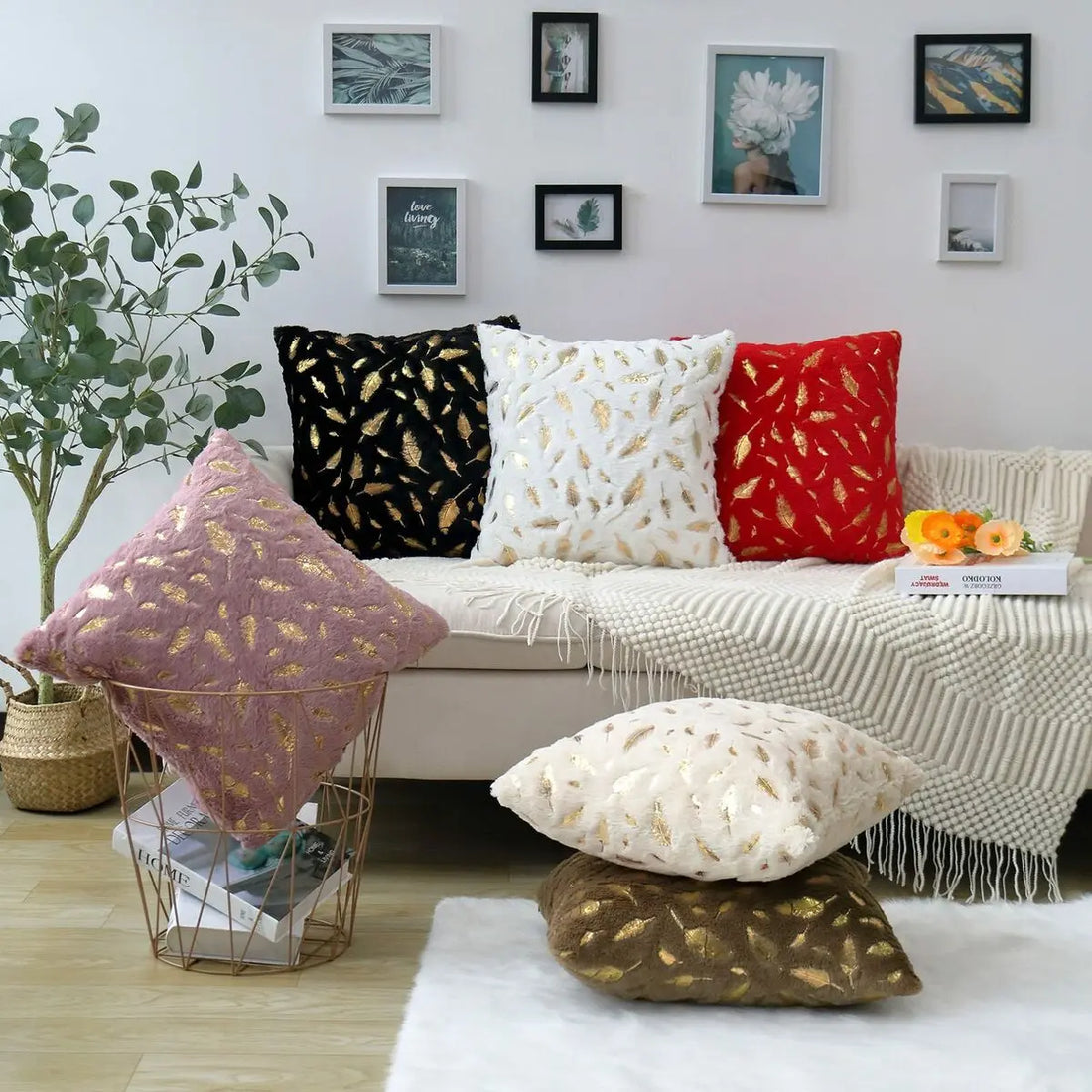 Bronzing Feather Leaf Cushion Cover 16x16 HZ BEDDING