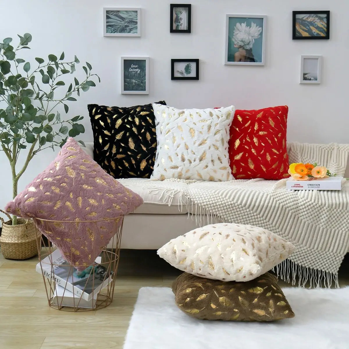 Bronzing Feather Leaf Cushion Cover 16x16 HZ BEDDING