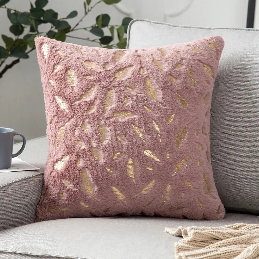 Bronzing Feather Leaf Cushion Cover 16x16 HZ BEDDING