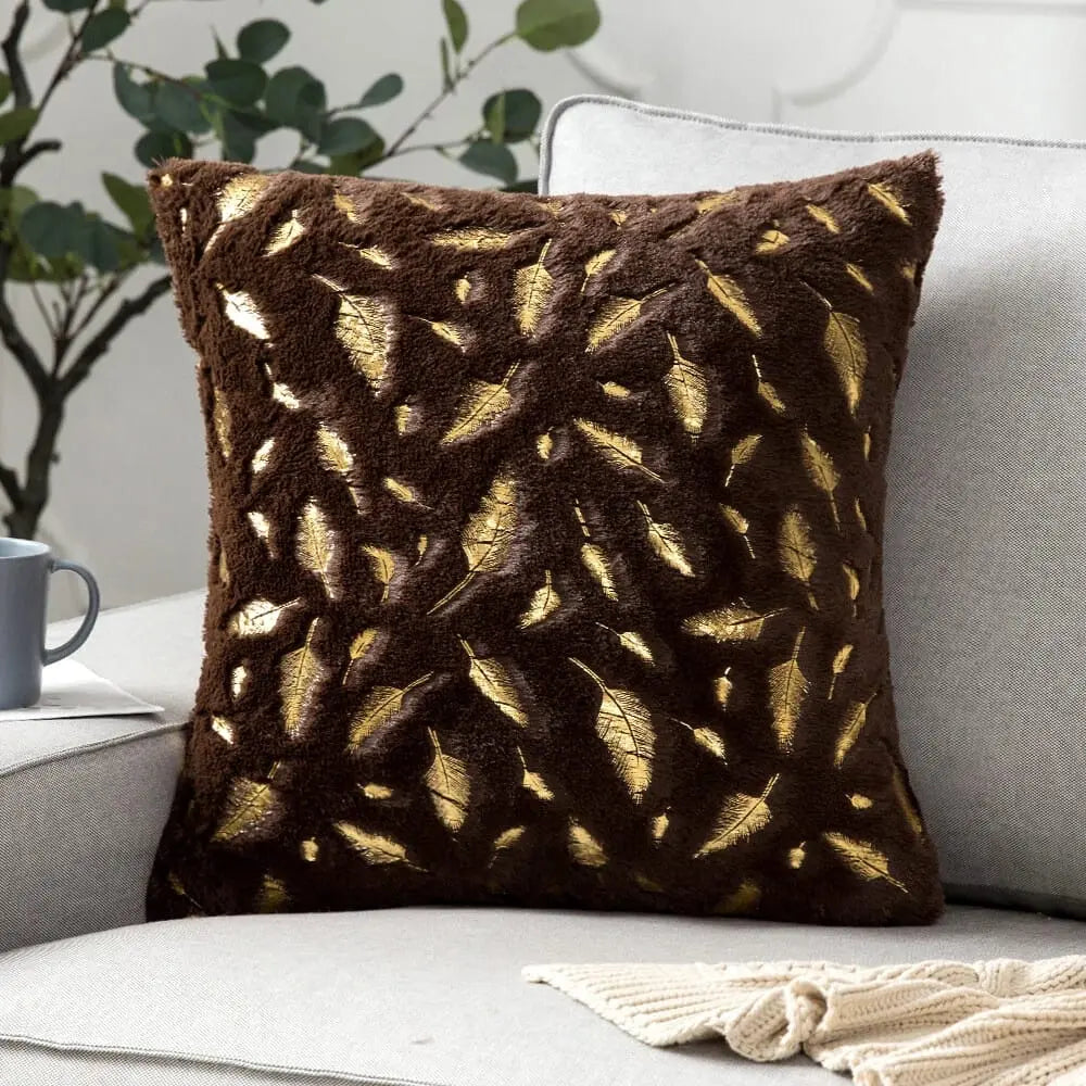Bronzing Feather Leaf Cushion Cover 16x16 HZ BEDDING