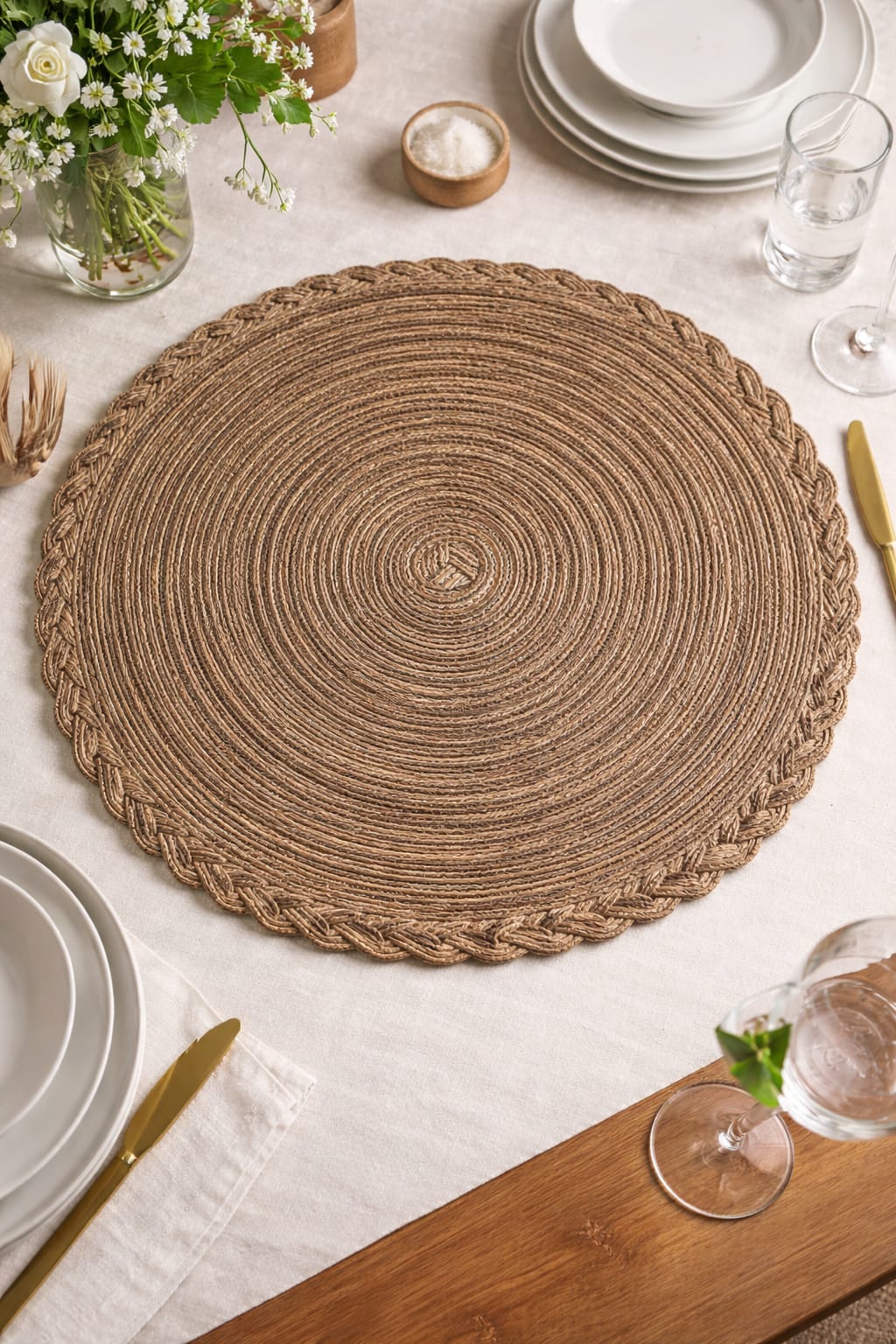 Brown Round Braided Jute Table Mat with Decorative Edge HZ BEDDING