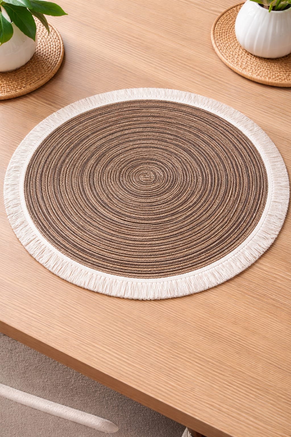 Brown Round Jute Table Mat with Fringe Border HZ BEDDING