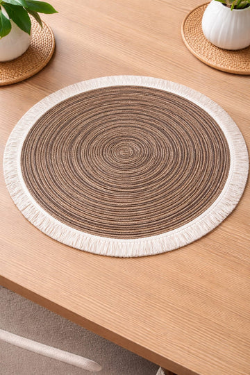 Brown Round Jute Table Mat with Fringe Border HZ BEDDING