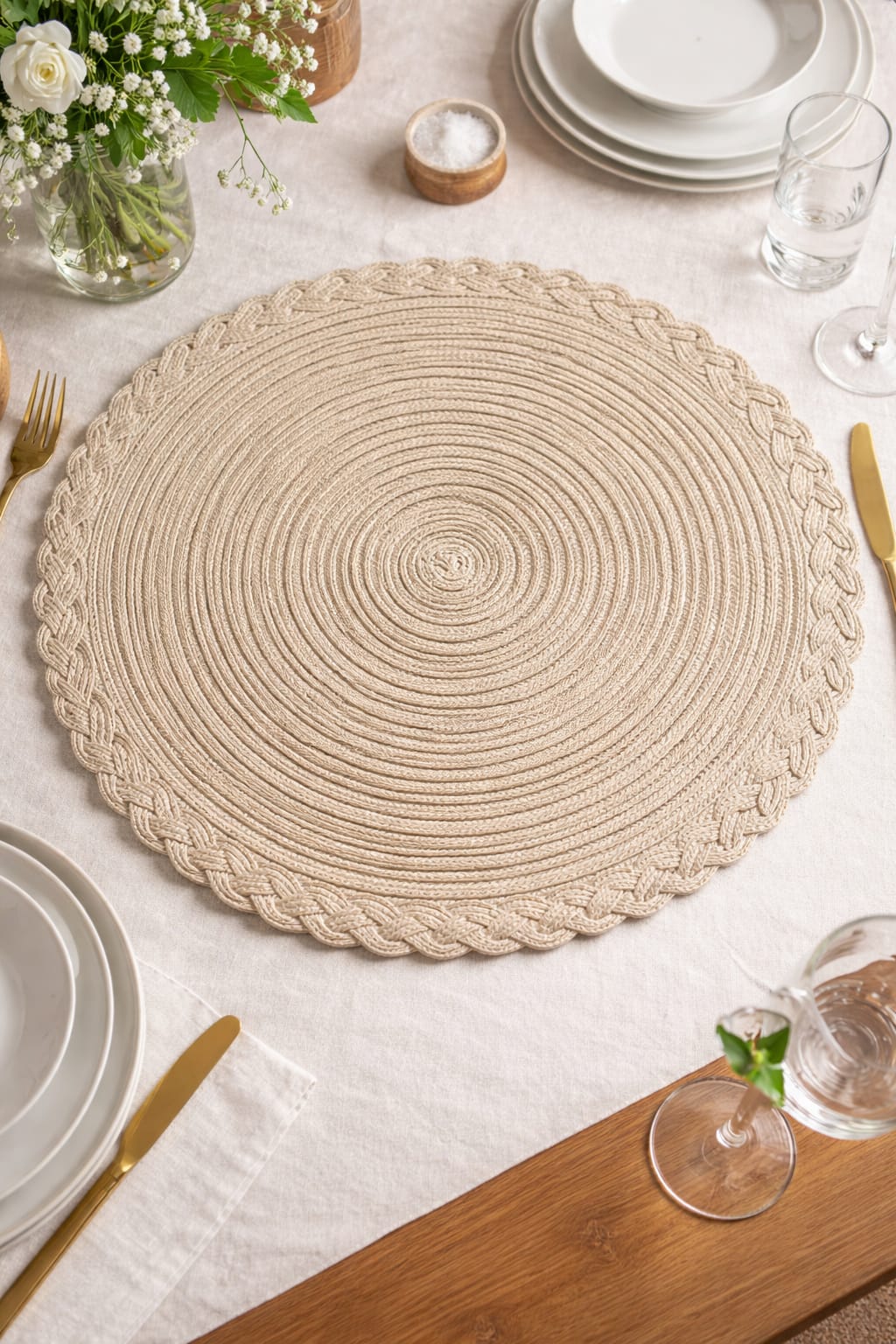 Cream Round Braided Jute Table Mat with Decorative Edge HZ BEDDING