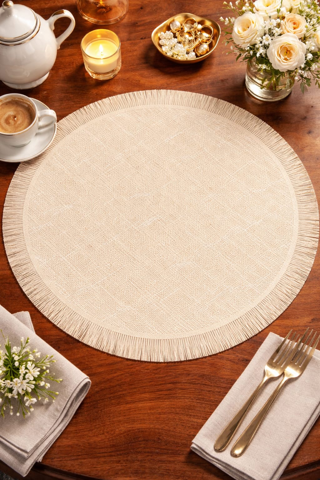Cream Textured Jute Round Table Mat with Fringe Border HZ BEDDING