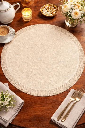 Cream Textured Jute Round Table Mat with Fringe Border HZ BEDDING