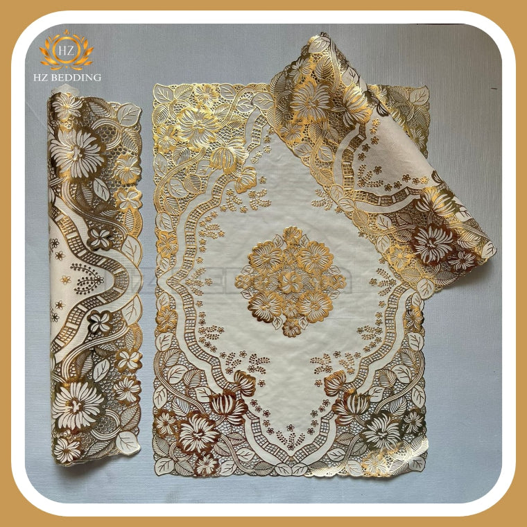 3pcs center table dressing table and side Table Mat Golden Large pcs size(15×36) And small 2pcs size(12×18) Inches material vinyl soft plastic Premium Golden