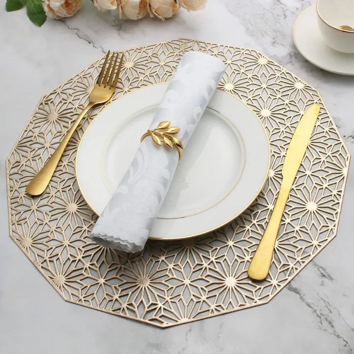 2/4/6 Evevda Rose Gold Placemats for Dining Table 6 Metallic Pressed Hollowed Out Table Mats Wipeable Vinyl Place Mat for Holiday Wedding Dinner Table Decoration Mat