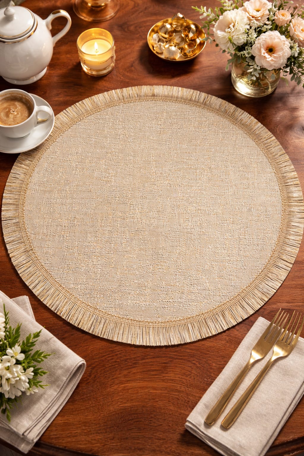 Golden Textured Jute Round Table Mat with Fringe Border HZ BEDDING
