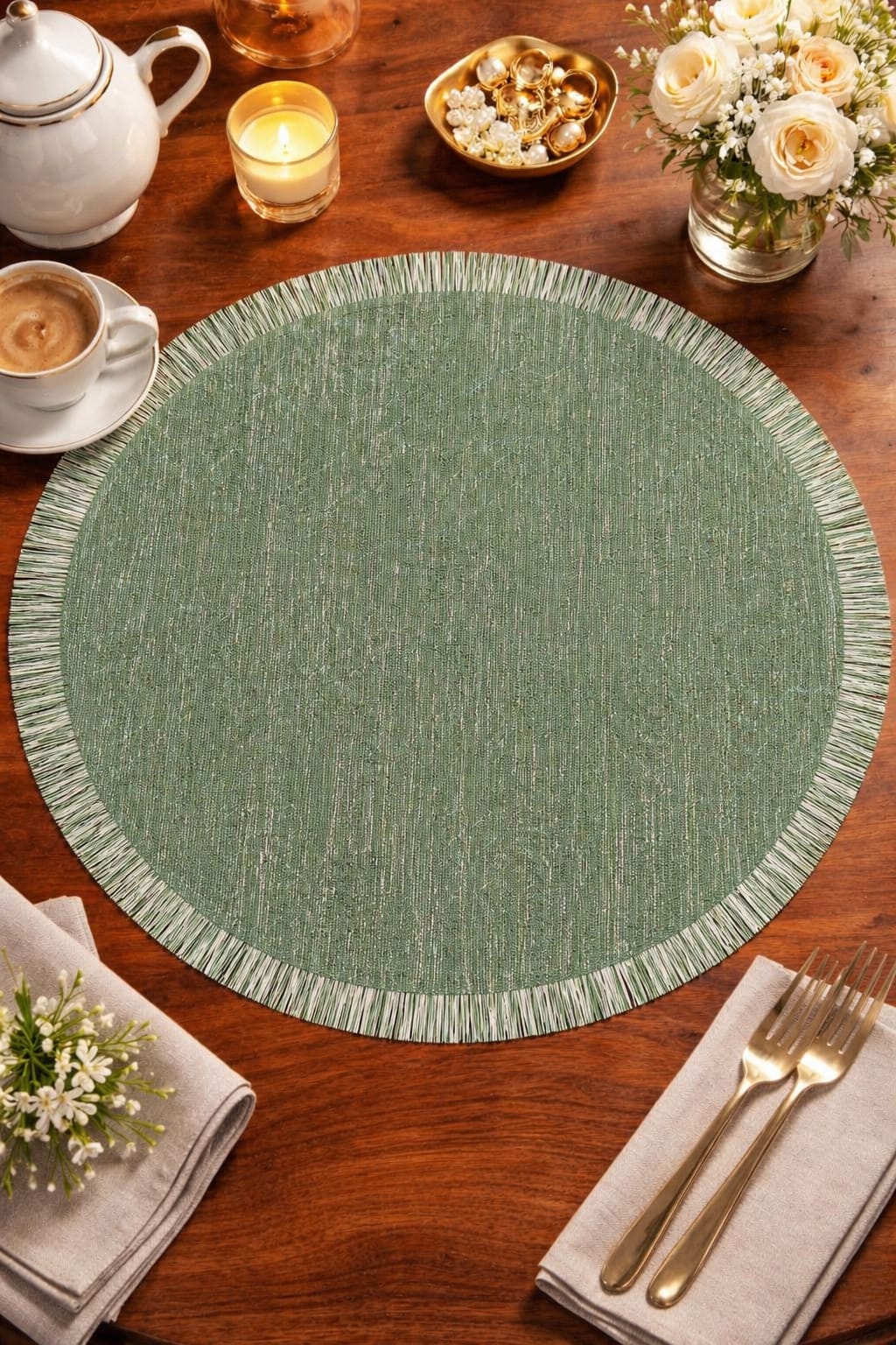 Green Textured Jute Round Table Mat with Fringe Border HZ BEDDING