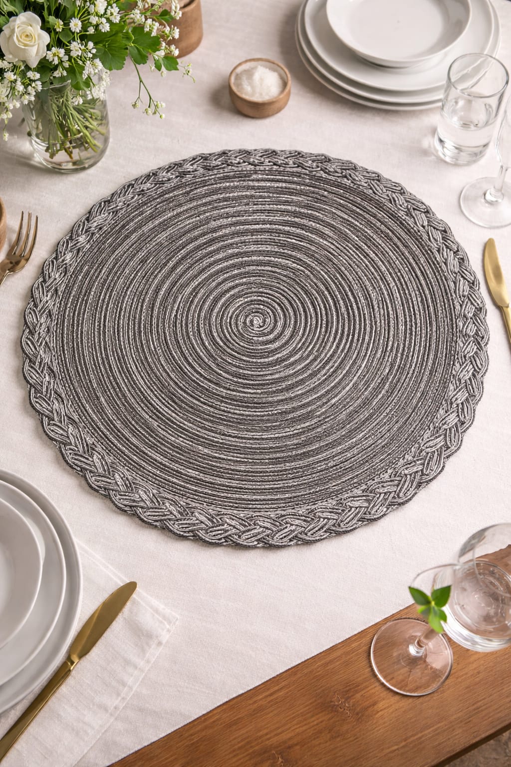 Grey Round Braided Jute Table Mat with Decorative Edge HZ BEDDING