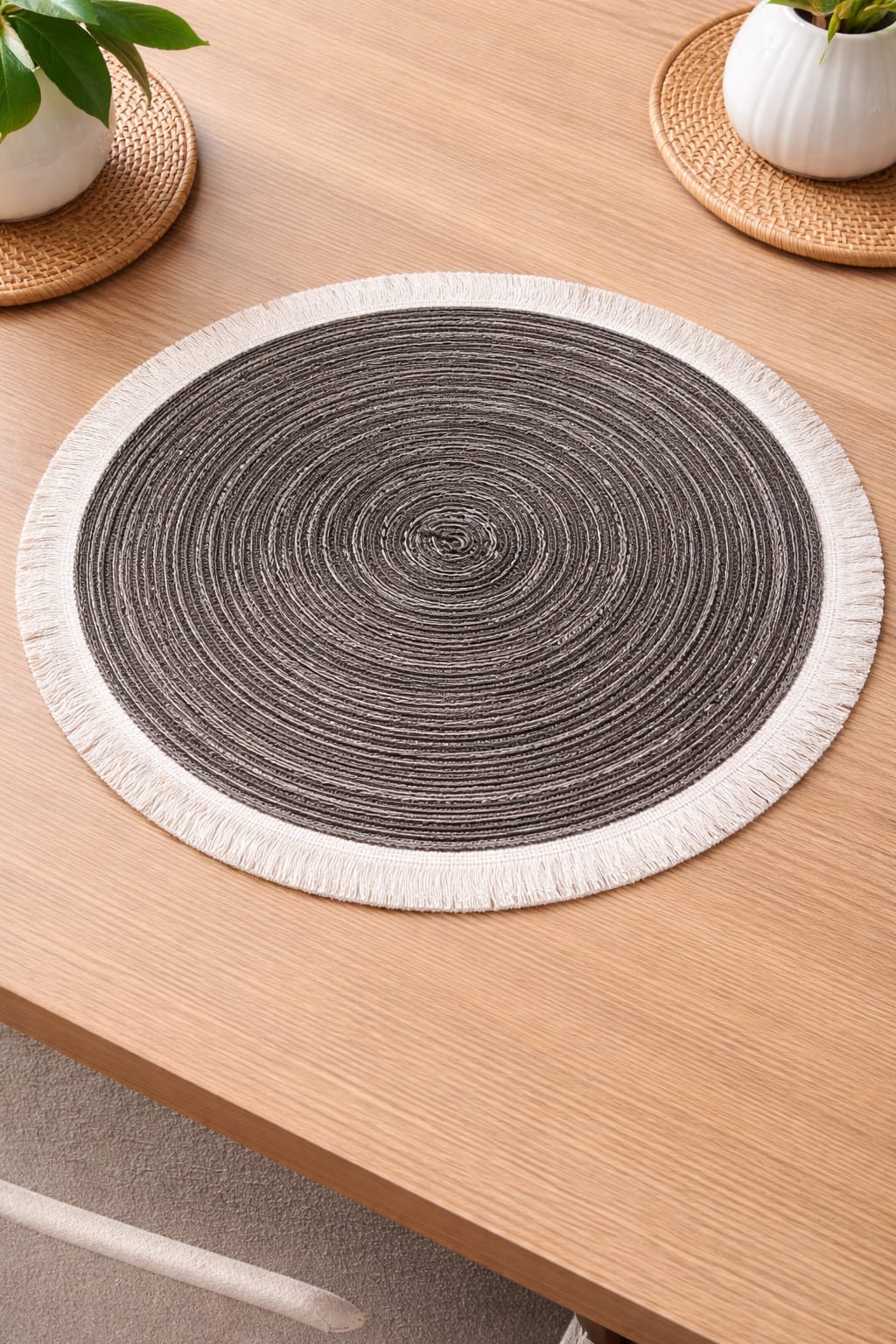 Grey Round Jute Table Mat with Fringe Border HZ BEDDING