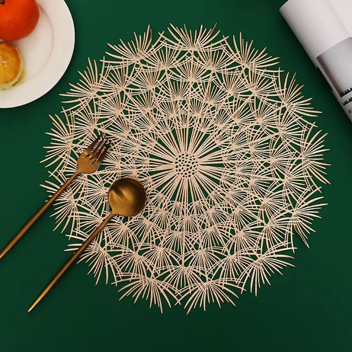 2/4/6/8 Set TIED RIBBONS Golden Vinyl Metallic Flower Table Mats HZ BEDDING