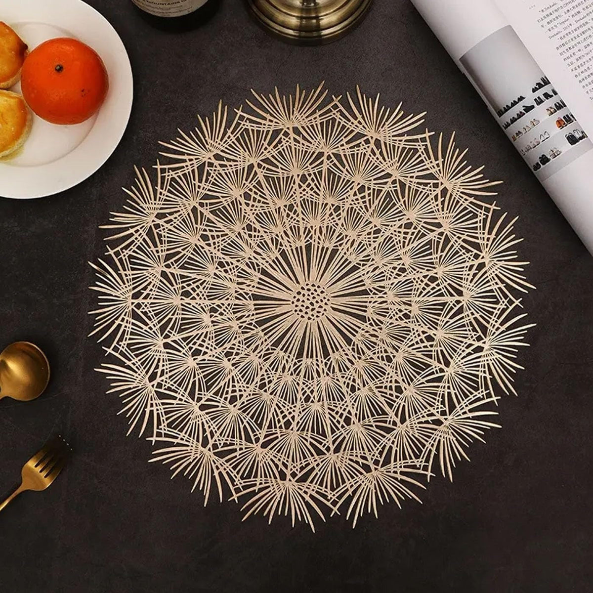 2/4/6/8 Set TIED RIBBONS Golden Vinyl Metallic Flower Table Mats HZ BEDDING