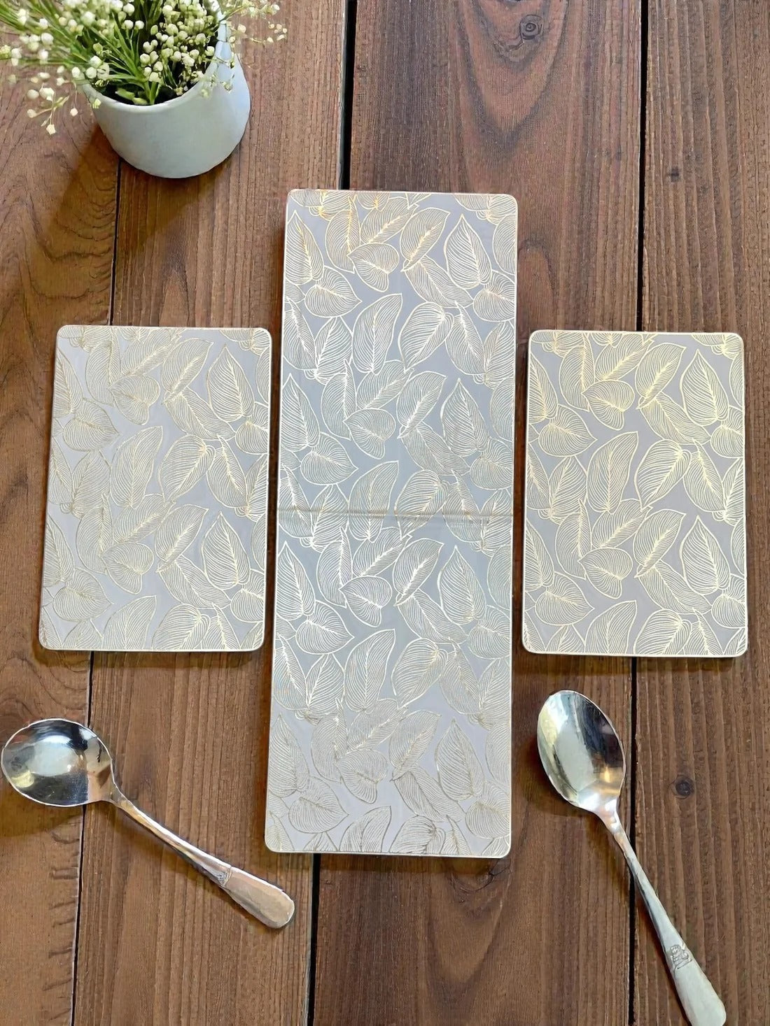 3-Piece Golden Vinyl Table Mat & Runner Set – Waterproof Decorative Dining Table HZ BEDDING