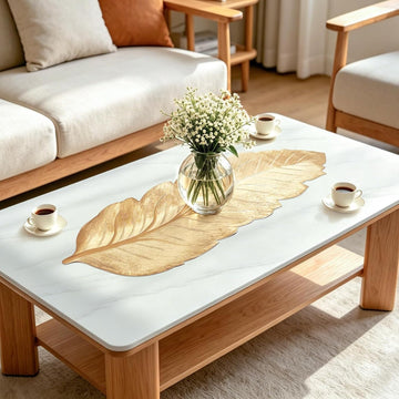 Leaf-Shaped Short  Gold Table Runner, Heat Resistant Vinyl Water Resistant