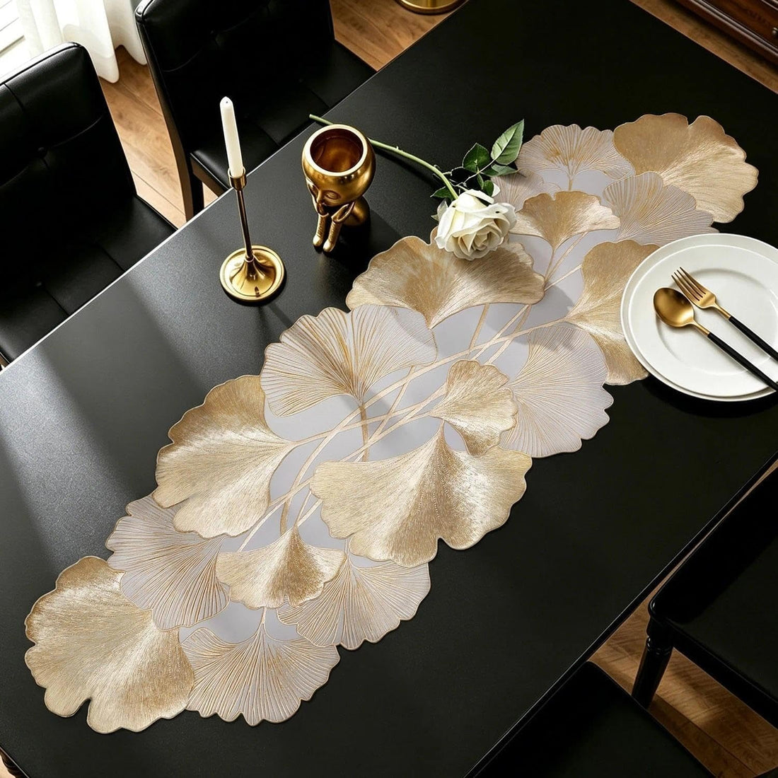 Ginkgo Leaf Table Runner Short Vinyl Table Runner 12x36 Inches | Waterproof Washable Non-Slip Elegance Table Decor for Home Party Kitchen Din HZ BEDDING