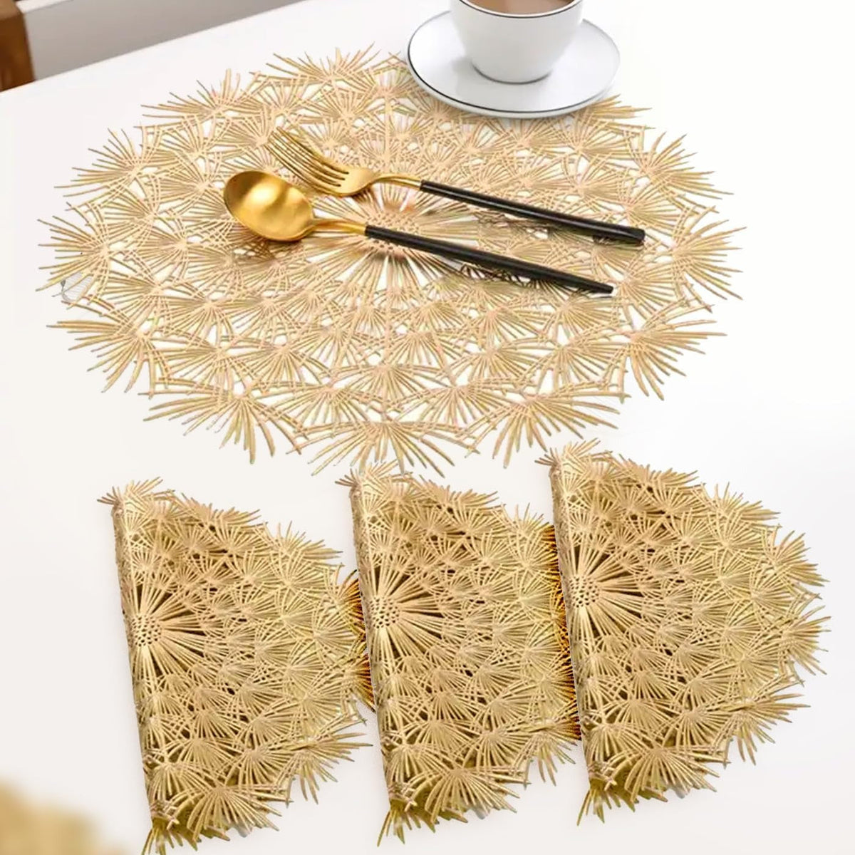 2/4/6/8 Set TIED RIBBONS Golden Vinyl Metallic Flower Table Mats HZ BEDDING