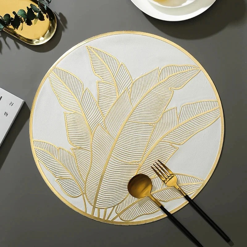 2/4/6/8 Set Banana Leaf  Golden Vinyl Metallic Flower Table Mats HZ BEDDING