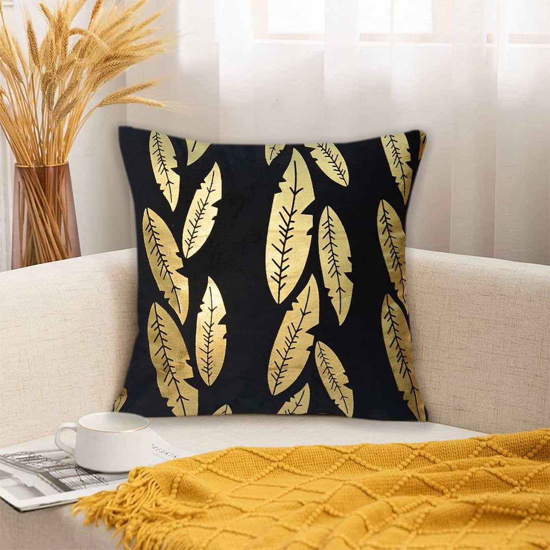 Black and Gold Velvet Cushion Covers –  Soft Decorative Throw Pillow Cases, 16x16 inch for Sofa, Bed, Car, Living Room Black and Gold Velvet Cushion Covers – Soft Decorative Throw Pillow Cases, 16x16 inch HZ BEDDING