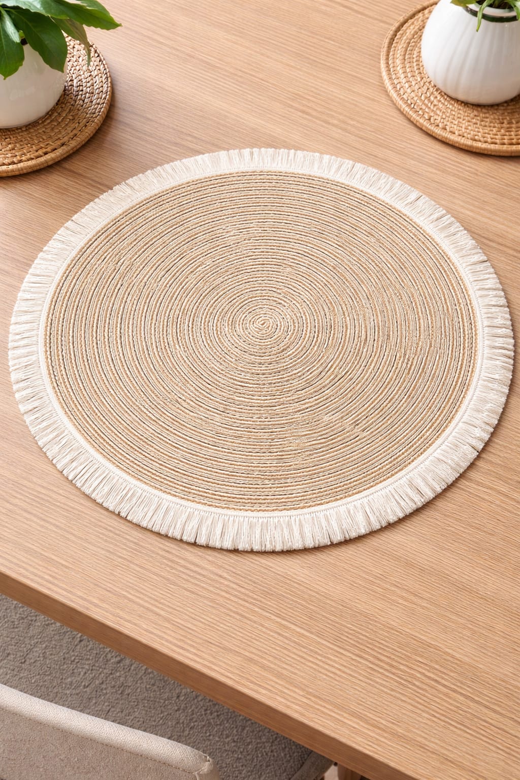 Khaki Round Jute Table Mat with Fringe Border HZ BEDDING