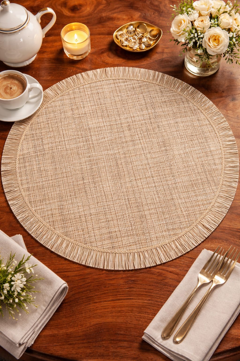 Khaki Textured Jute Round Table Mat with Fringe Border HZ BEDDING