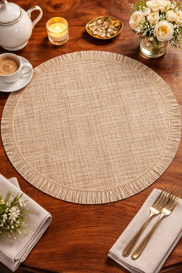Khaki Textured Jute Round Table Mat with Fringe Border HZ BEDDING