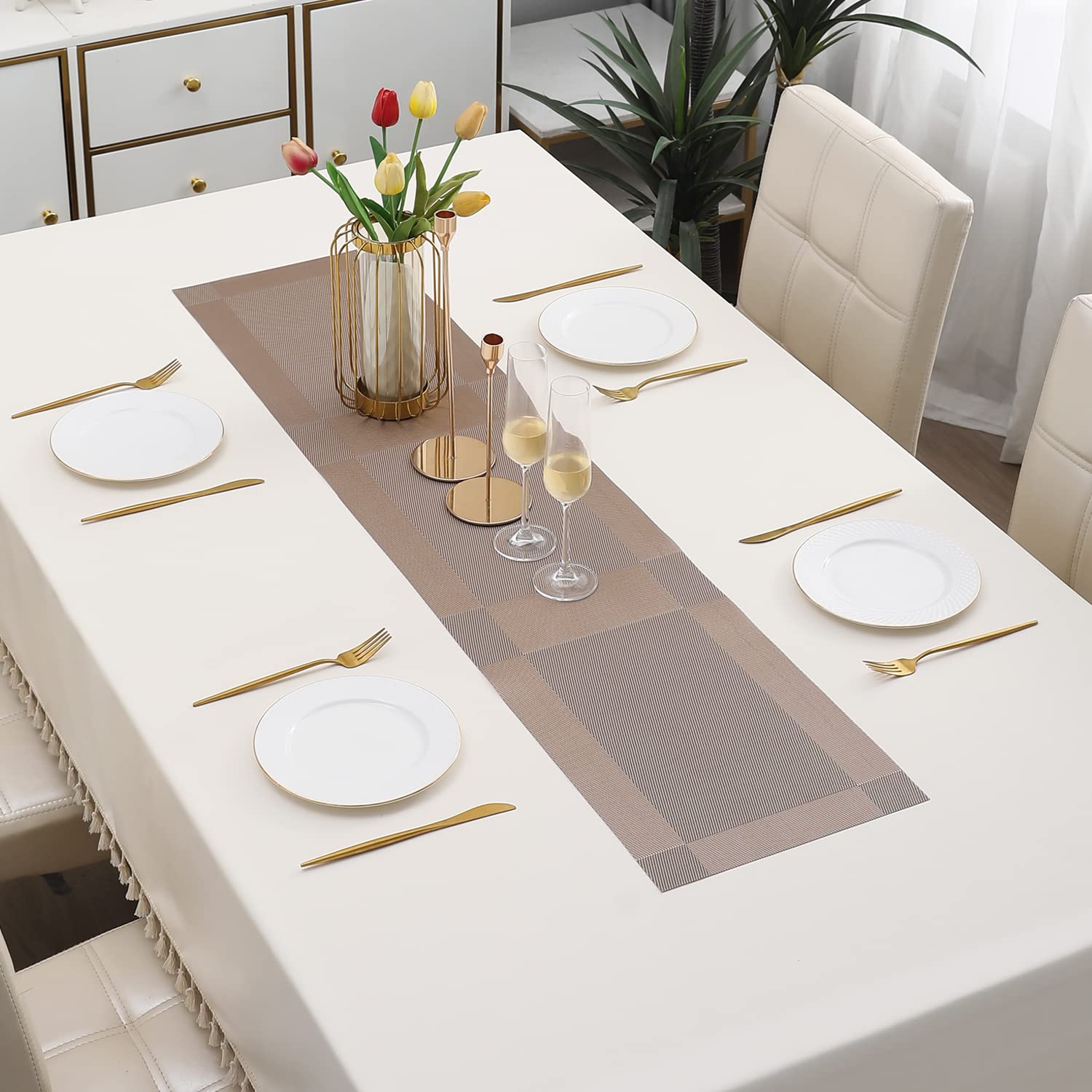 Light Brown Stripes Design Rectangular Table Runner 12x56inch HZ BEDDING