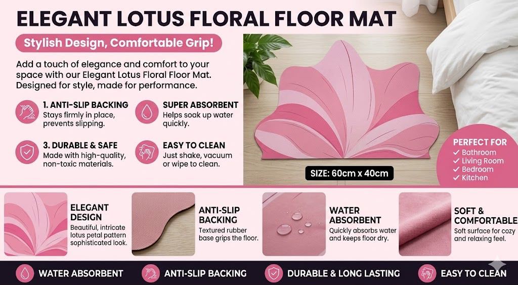 Pink Wave Design Premium Bathroom Mat | Soft Absorbent Anti-Slip Quick Dry Bath Mat HZ BEDDING