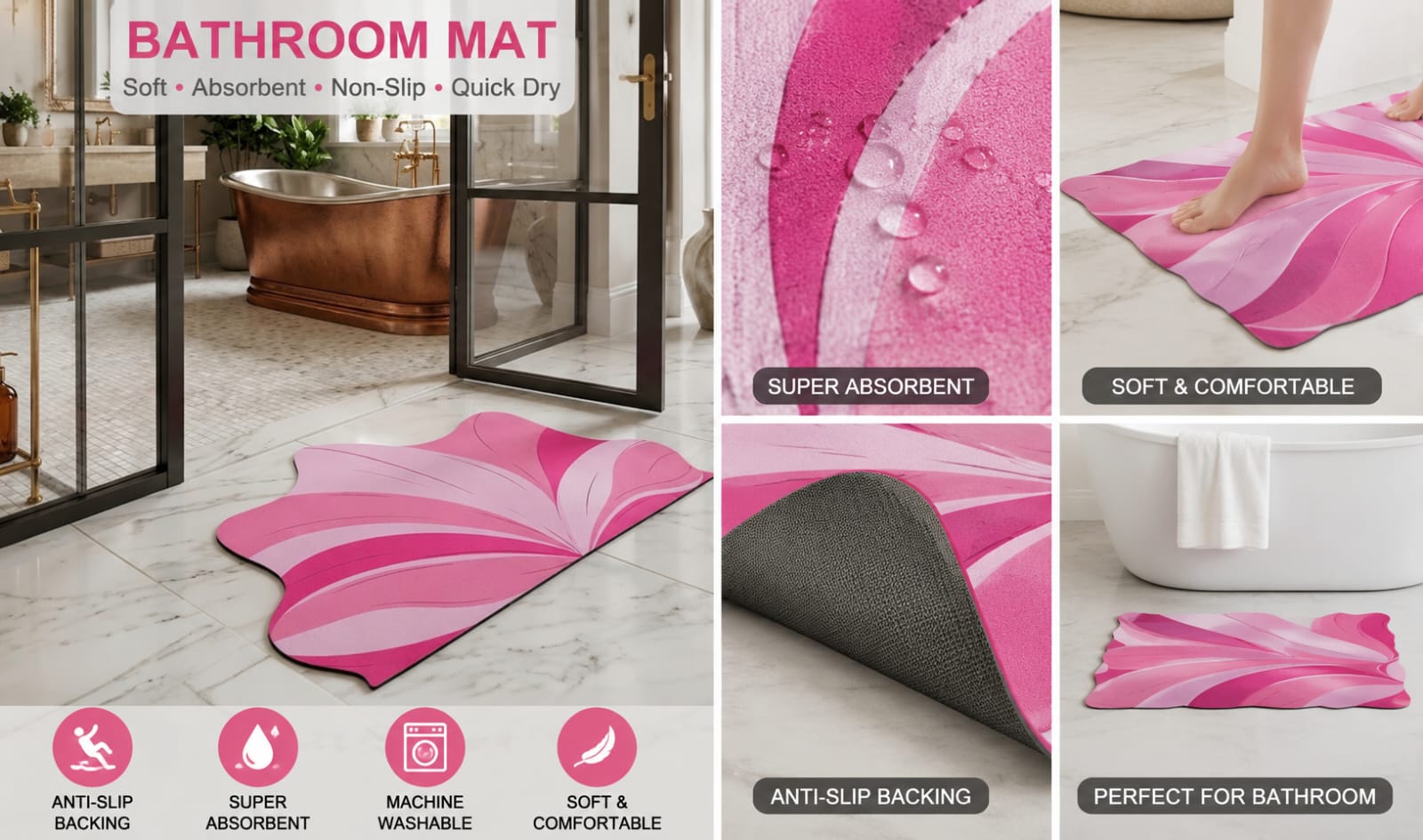 Pink Wave Design Premium Bathroom Mat | Soft Absorbent Anti-Slip Quick Dry Bath Mat HZ BEDDING