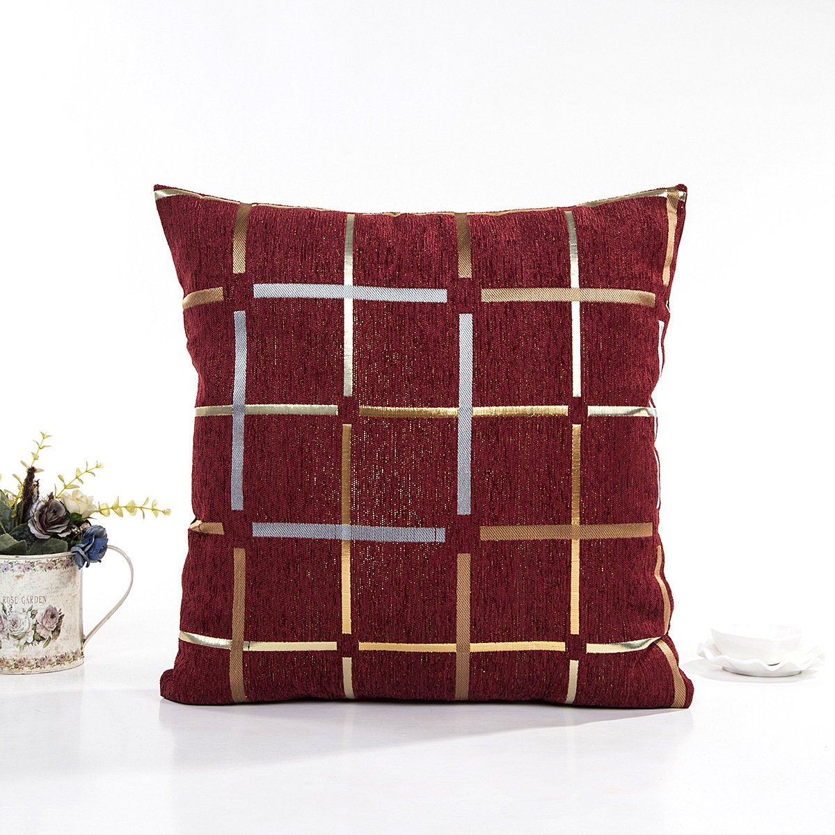 Plaid Bronzing Chenille Cushion Cover 16x16 HZ BEDDING