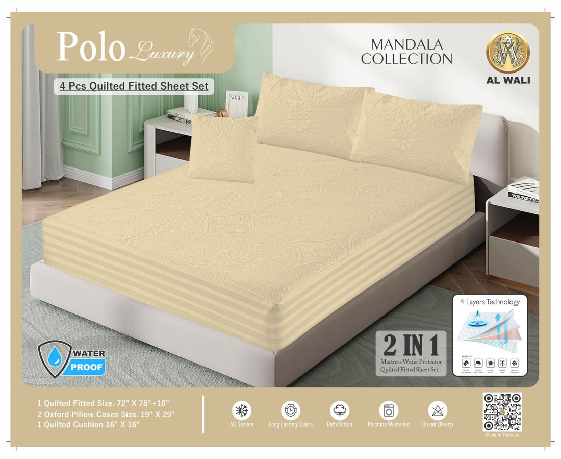 Premium Waterproof Quilted Fitted Bedsheet Set – 4 Pcs with Pillow & Cushion Covers (Beige) HZ BEDDING