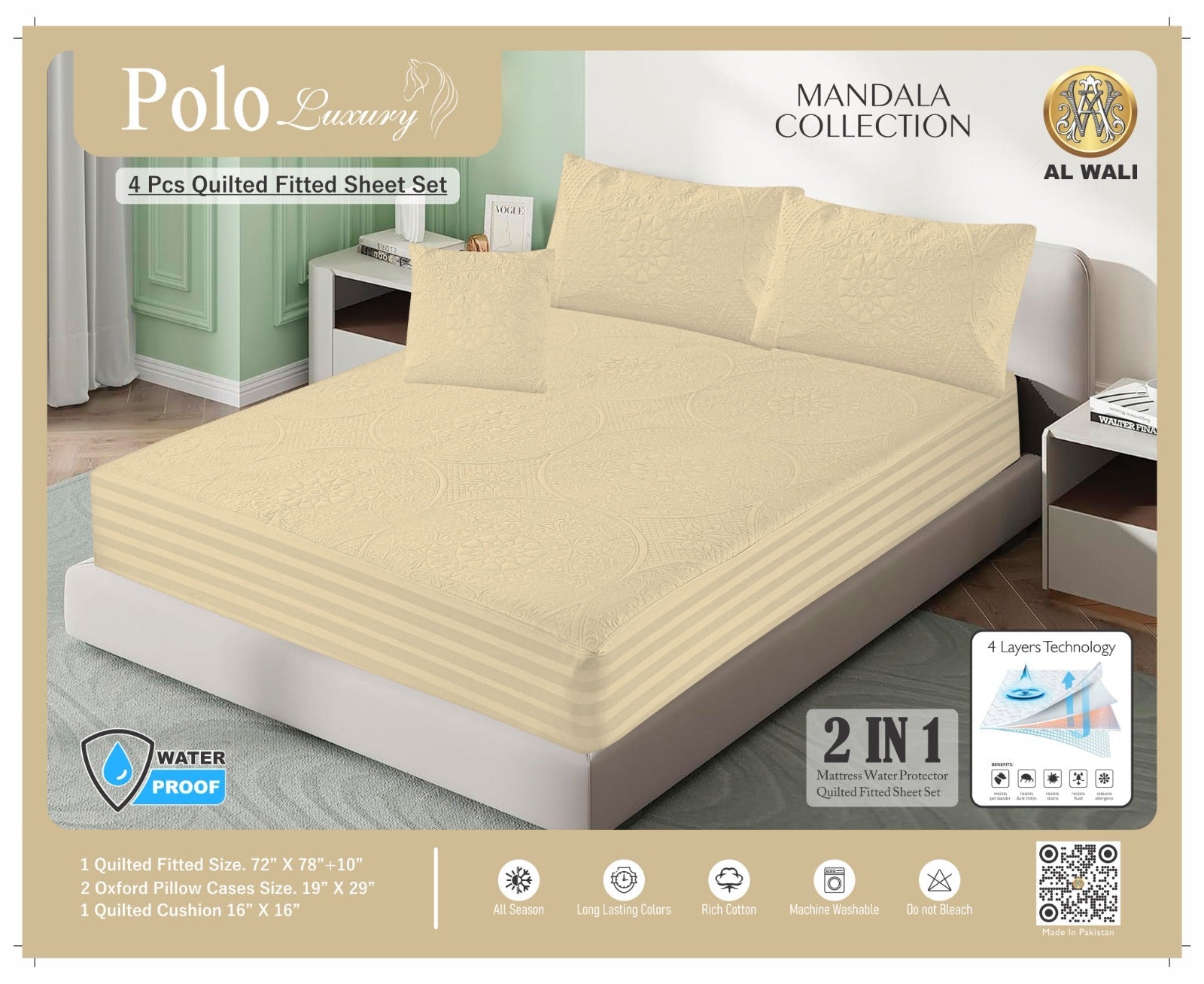 Premium Waterproof Quilted Fitted Bedsheet Set – 4 Pcs with Pillow & Cushion Covers (Beige) HZ BEDDING
