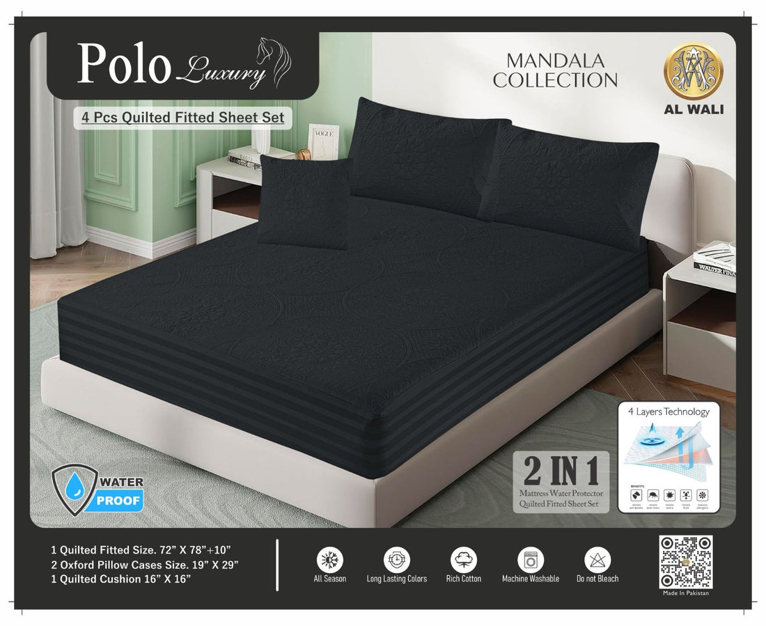 Premium Waterproof Quilted Fitted Bedsheet Set – 4 Pcs with Pillow & Cushion Covers Black HZ BEDDING
