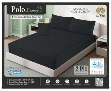Premium Waterproof Quilted Fitted Bedsheet Set – 4 Pcs with Pillow & Cushion Covers Black HZ BEDDING