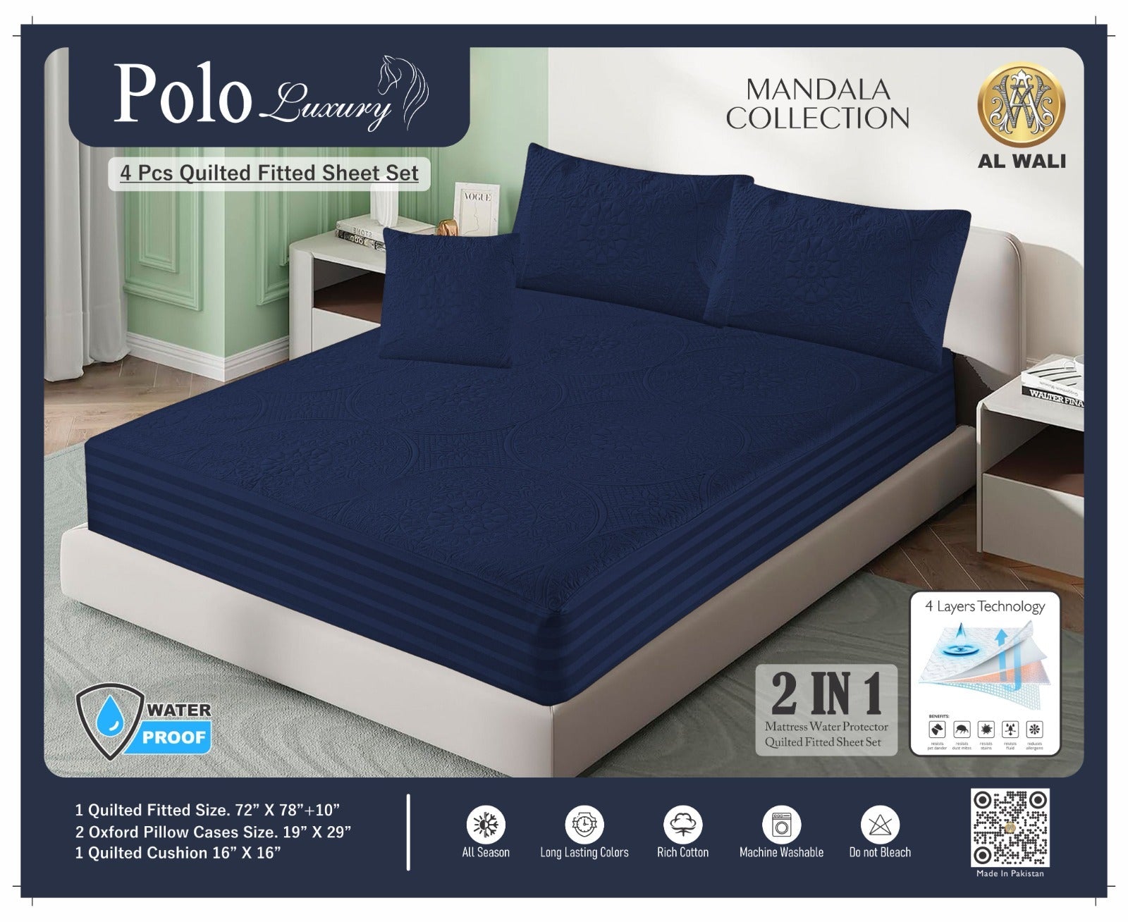Premium Waterproof Quilted Fitted Bedsheet Set – 4 Pcs with Pillow & Cushion Covers (Blue) HZ BEDDING