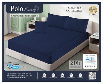 Premium Waterproof Quilted Fitted Bedsheet Set – 4 Pcs with Pillow & Cushion Covers (Blue) HZ BEDDING