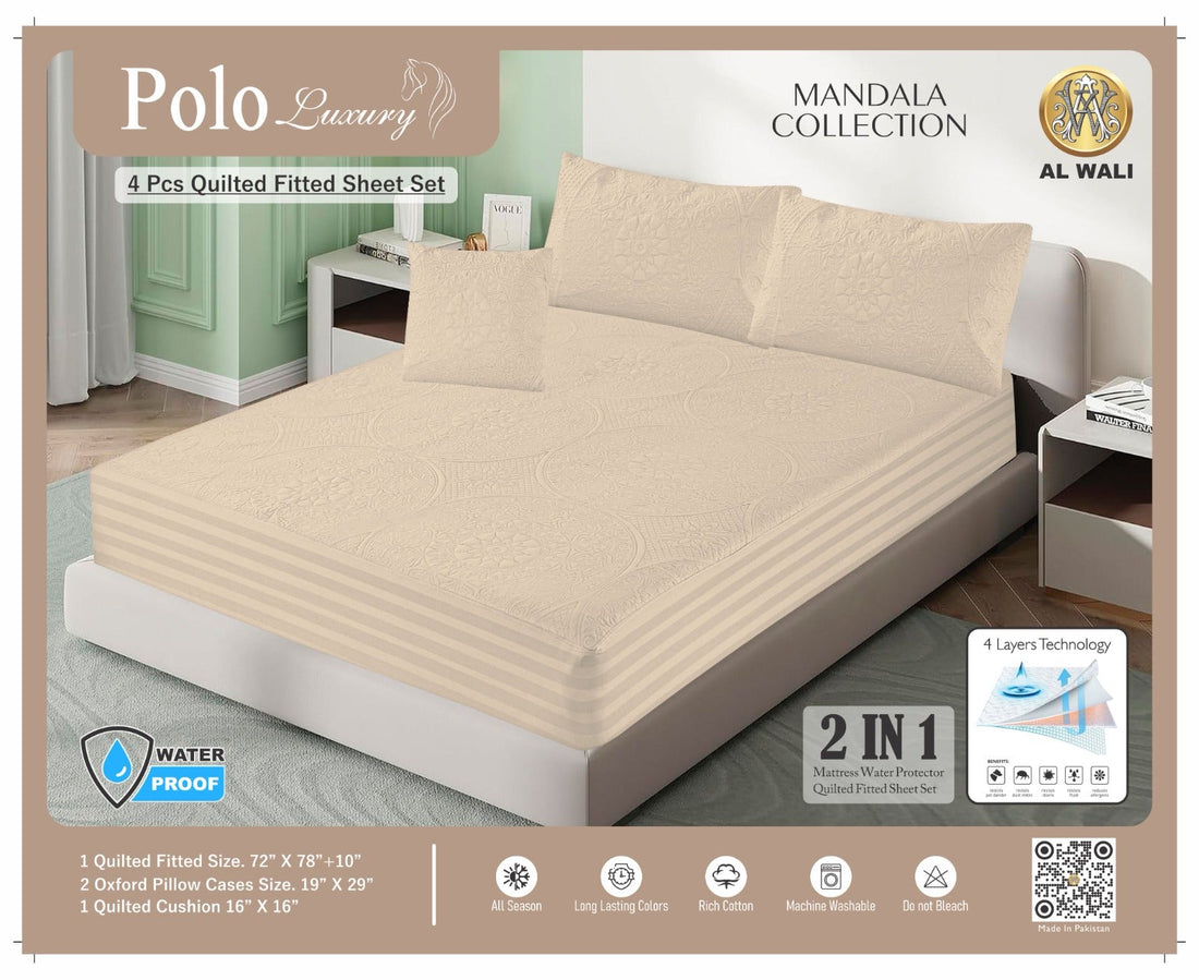 Premium Waterproof Quilted Fitted Bedsheet Set – 4 Pcs with Pillow & Cushion Covers (Cream) HZ BEDDING